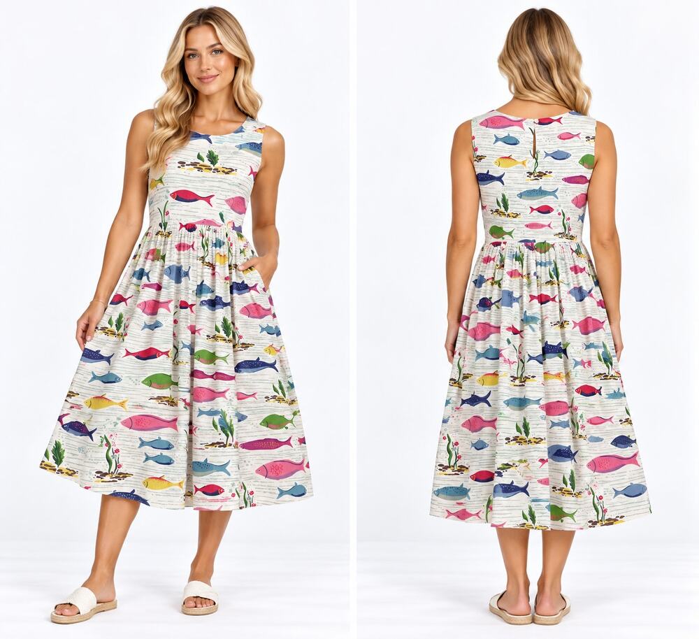Cath Kidston River Fish Print Sleeveless Dress UK 10 Cotton Fit & Flare